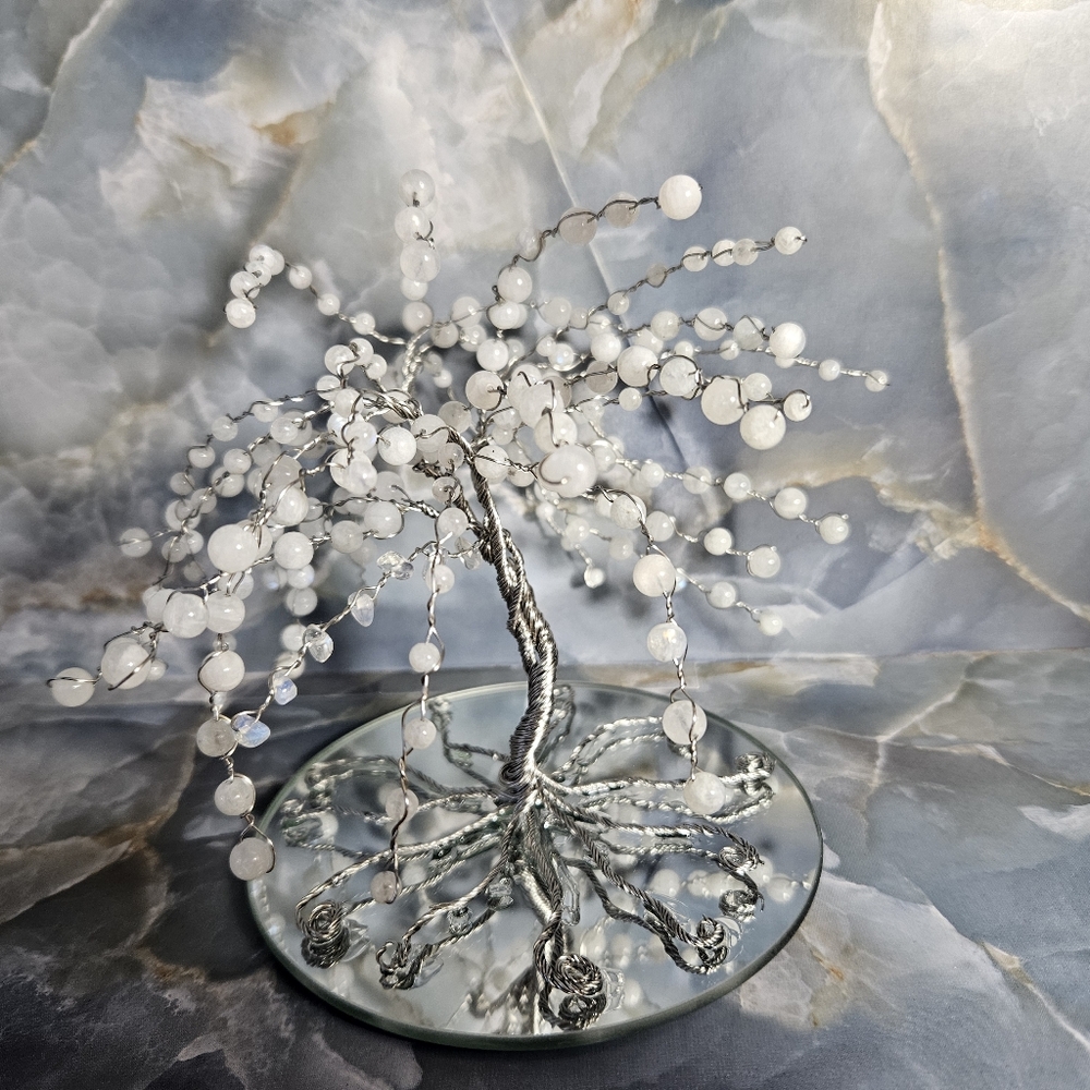 Elegant Silver and Genuine Moonstone Beaded Willow Tree Sculpture - Picture 2 of 2